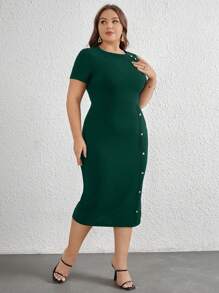 SHEIN Privé Vestido midi ajustado de color liso y elegante para talla grande, para ir a la oficina - Verde Oscuro - Ver 6