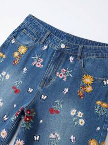 ROMWE MEN Casual Quần short denim rộng rãi, thoải mái có túi thêu hoa dành cho nam - Màu xanh lam - Xem 4