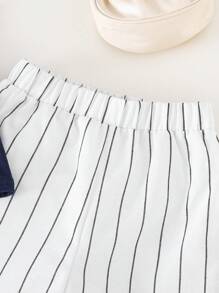 SHEIN 女童海军蓝荷叶边 T 恤和条纹裤套装，春夏 - 藍色 - 查看 5