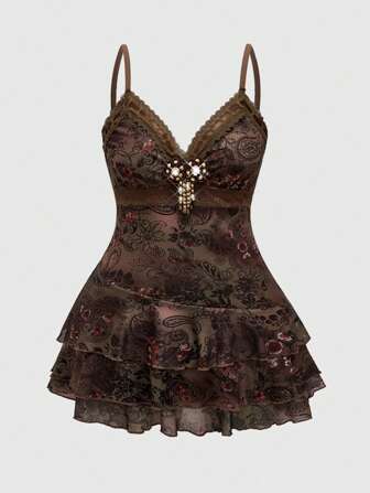 Hippie Vestito mini stile Hippie retrò, taglia comoda, con arricciature, nastri e stampa Paisley in pizzo per donne