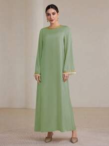 Graceveil Ribboned Ruffle Hem Women's Arabian Style Dress, Suitable For Spring And Autumn Modest