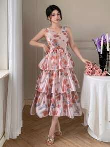 DAZY Vestido midi con cuello en V floral y sin mangas, con volantes, para mujer