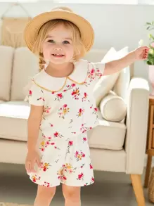 Conjunto de 2 piezas para bebés niñas: Blusa de manga corta con cuello con volantes y estampado floral pequeño + pantalones cortos floreados, para verano - Albaricoque - Ver 1