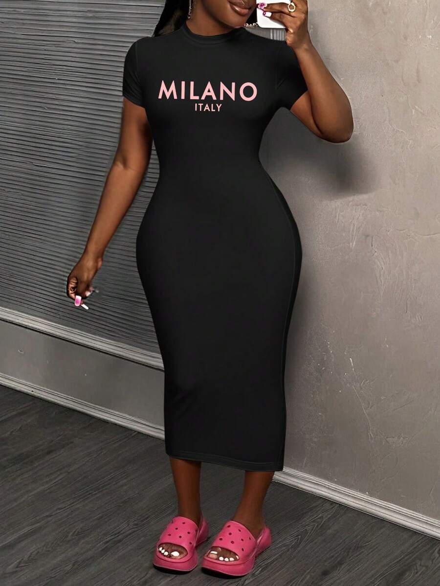 Slaydiva MILANO Casual Slogan Graphic Short Sleeve Fitted Midi Dress, Suitable For Summer Suitable For Going Out - Black - View 1