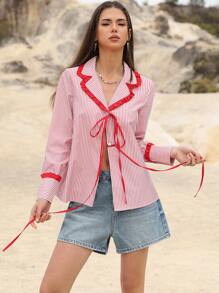 SHEIN Unity Romantic Striped Casual Versatile Collared Contrast Ruffle Hem Bowknot Front Long Sleeve Shirt Fall Cloth For Women - Multicolor - View 6