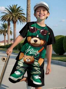 SHEIN Leap Crew Tween Boy Casual Simple Cartoon Dog Printed Round Neck Short Sleeve T-Shirt And Shorts Set, Summer - Black - View 1