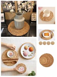 1pc Straw Design Round Placemat, Modern Anti-Slip Table Mat For Home Valentine's Day, Valentines Wedding, Birthday,Kitchen, - Beige - View 2