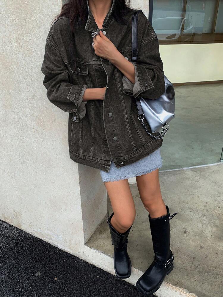 Women's Casual Washed Drop Shoulder Denim Jacket, Autumn,Fall Women Clothes