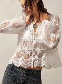 Bohemela 女士蕾丝边 V 领灯笼袖雪纺衬衫，适合夏季海滩度假