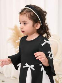 Baby Girl Bowknot Minimalist Fashion Long Sleeve Dress, Suitable For Summer,Holiday,Summer, Travel - Black and White - View 6