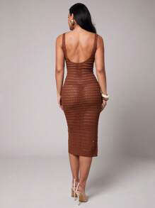 Silquee Women's Chic Coffee Brown Crochet Midi Dress,Autumn Vacation Holiday Hollow Out Wave Lace Open Back Spaghetti Strap Fitted Bikini Cover Up - Ginger - View 2