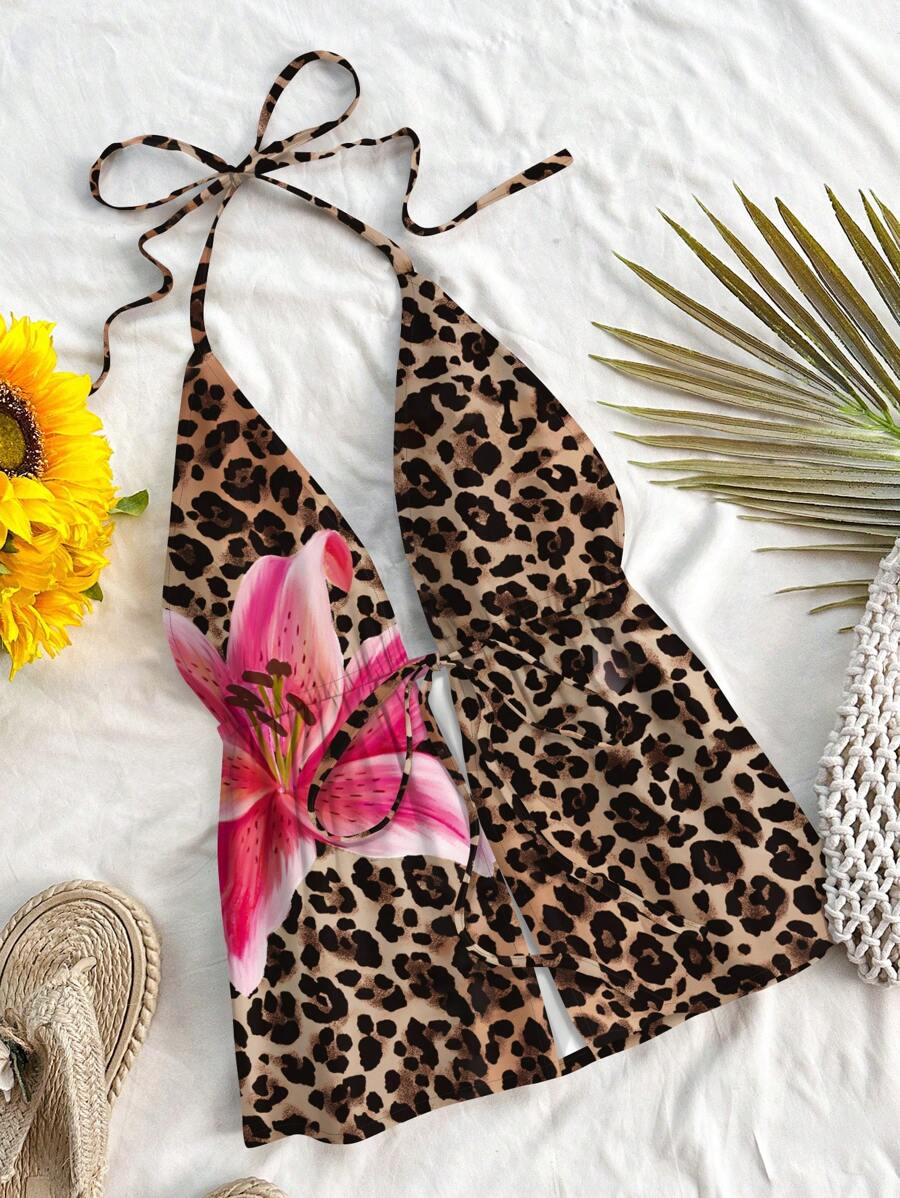 Soleia Damski swobodny top typu halter z wiązaniem na szyi i odkrytymi plecami, odpowiedni na lato, z nadrukiem w panterkę i kwiatowym wzorem