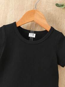 SHEIN Playful Pals 男婴拉链熊印花休闲圆领短袖 T 恤和长裤套装，夏季 - 黑色 - 查看 8