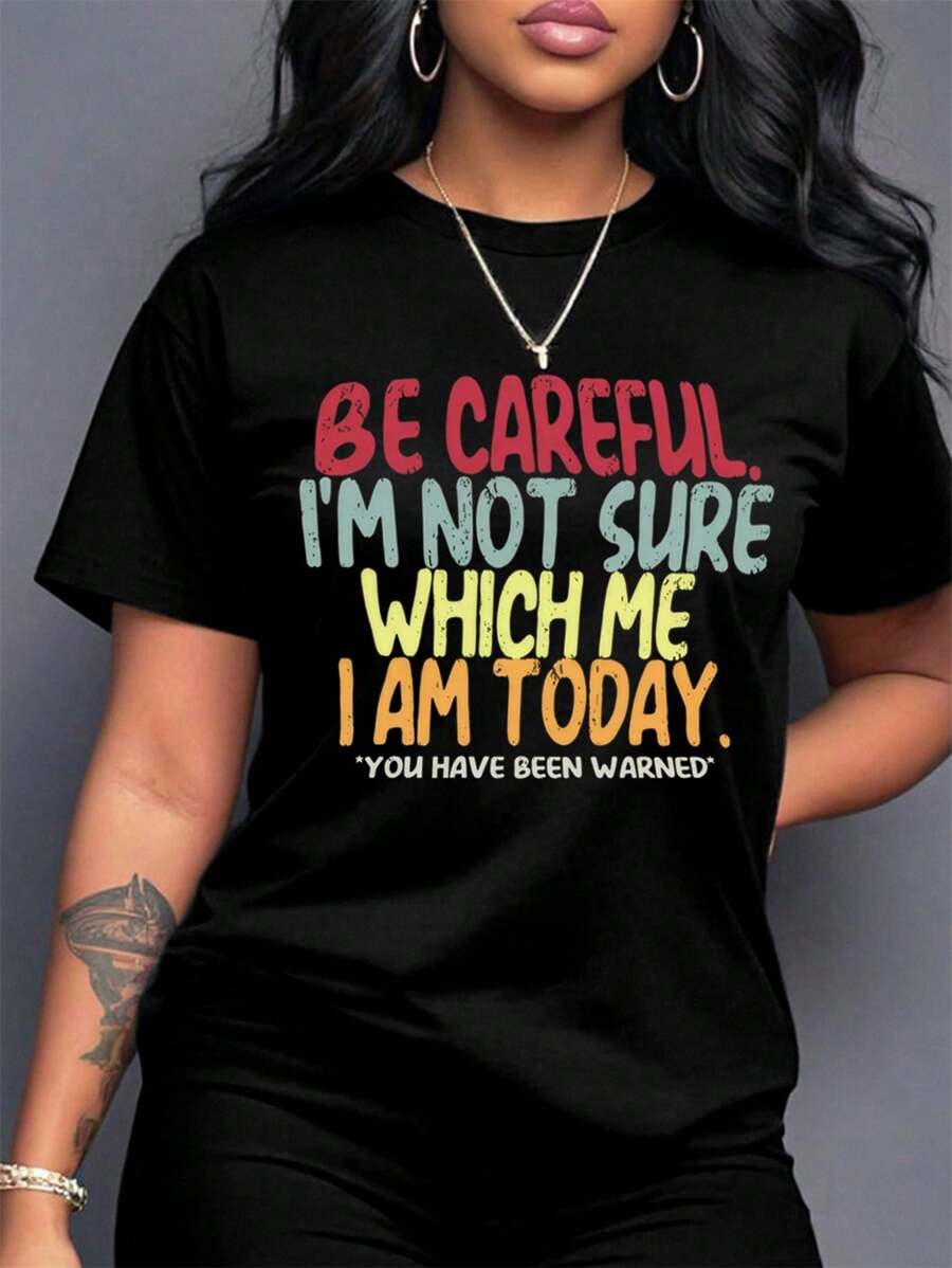 Calvaya 女式休闲口号与字母印花圆领短袖大码 T 恤，夏季 - 黑色 - 查看 1