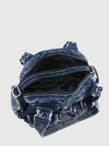 ROMWE Grunge Punk Women's Vintage Distressed Ombre Cross & Heart Decor Shoulder Tote Bag With Bowknot, Large Capacity Multi-Pocket Shoulder Bag - Blue - View 7