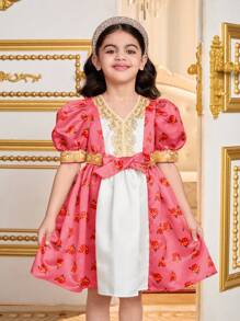 SHEIN Young Girls Purple Floral Print Princess Dress With Puff Sleeve, Suitable For School, Party, Decoration, Girls Daily Wear, Family Occasions And Special Celebrations - Pink - View 6