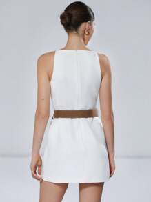 SHEIN Privé Minimalist Slim Strap Cold Shoulder Straight Fitted Short Spaghetti Strap Dress With Wide Belt, Commuter Style - White - View 2