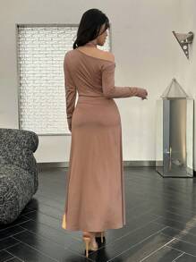 Modelyn 修身长袖休闲连衣裙，简约时尚，适合日常穿着 - 咖啡棕 - 查看 2