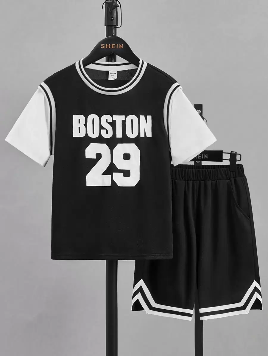 SHEIN Leap Crew 青少年男孩字母圖形拼色條紋修飾2合1短袖t恤和短褲組合 - 黑色 - 查看 1