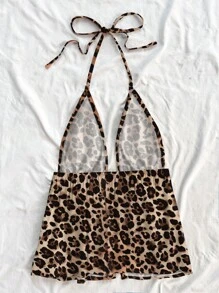 Soleia Damski swobodny top typu halter z wiązaniem na szyi i odkrytymi plecami, odpowiedni na lato, z nadrukiem w panterkę i kwiatowym wzorem