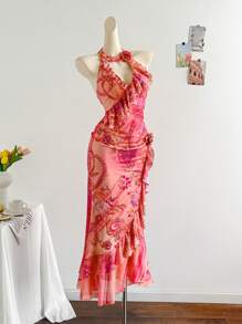 Soleia New Floral Print Halter Neck Ruffle Trim 3D Flower Tied Design Camisole Top - Pink - View 6