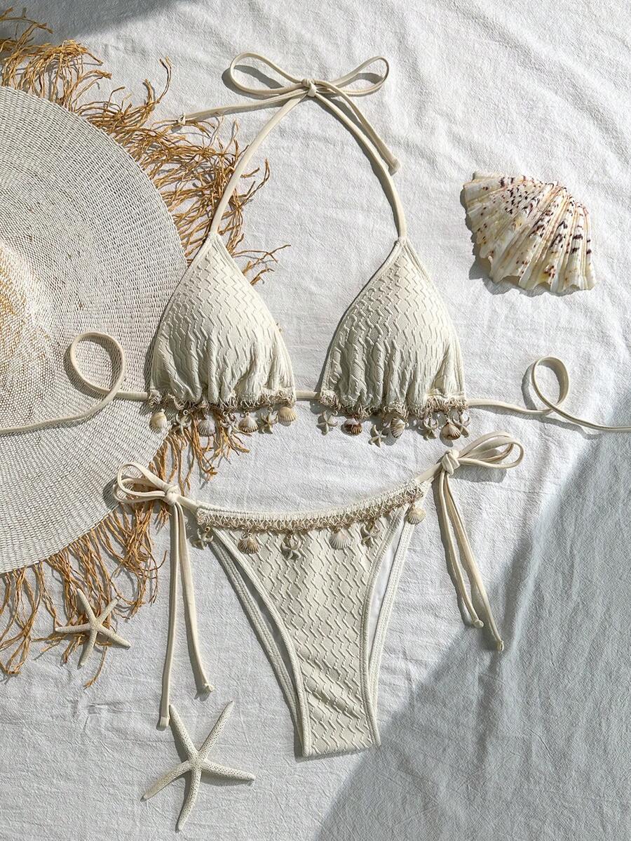 Swim Vcay 2pcs/Set Elegant Women's Knitted Bikini Set For Party, Beach, With Metallic Chain And Shell Texture, No Steel Rings, Summer - White - View 1