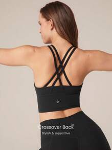 GLOWMODE FeatherFit™ Longline Crossover Strap Sports Bra Light Support Yoga Studio Gym Daily Fall Winter - Black - View 3