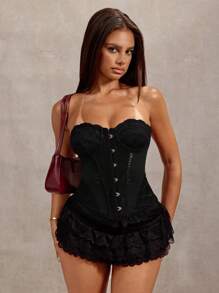 SHEIN BAE 夏季度假上衣蕾丝紧身胸衣上衣性感夜场派对酒红色安哥拉红上衣