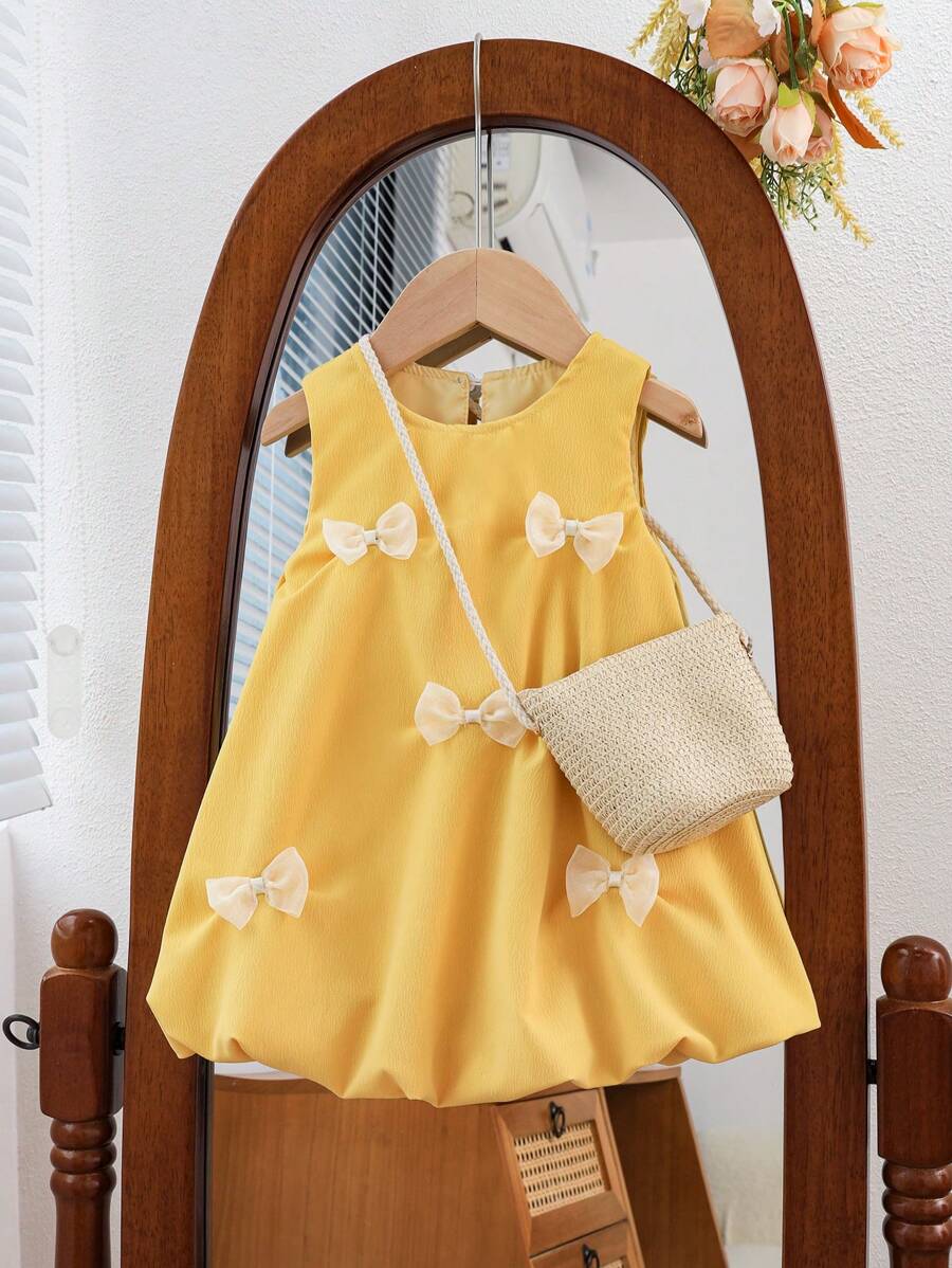 SHEIN 女婴无袖蝴蝶结装饰荷叶边下摆夏季连衣裙 - 黃色 - 查看 1