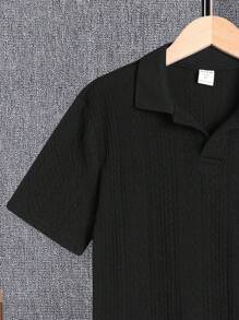 SHEIN 適合青少年男孩穿著的純色短袖polo衫 - 黑色 - 查看 5