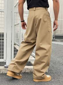 Manfinity Homme Men's Solid Color Pocket Simple Straight Leg Casual Pants, Everyday Wear - Khaki - View 2