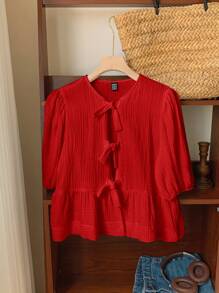 Comfortcana 亚麻雪纺圆领泡泡袖系带女式衬衫