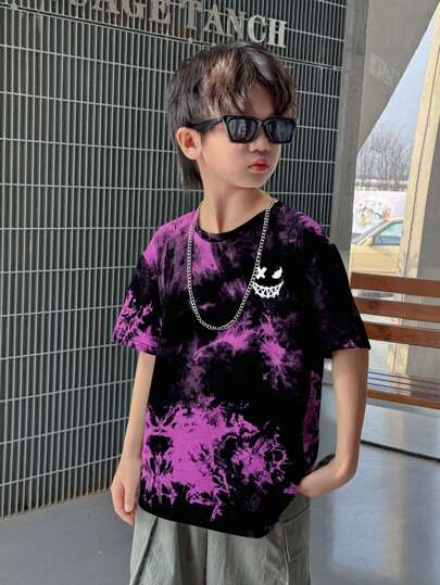 SHEIN Tween Boy 扎染图案 T 恤休闲针织套衫