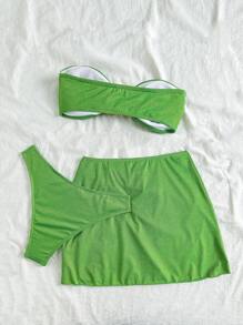 Soleia Swim Suits For Women,Summer Outfits For Women,Bikini Set,Beachwear,Vacation Outfits Woman,Beach Outfits For Woman,Women's Fashion Holiday Summer Moss Green Gold And Silver Knitted Tube Top Mini High Slit Skirt Beach Bikini Three-Piece Set,Decorated With Metallic Starfish Accessories