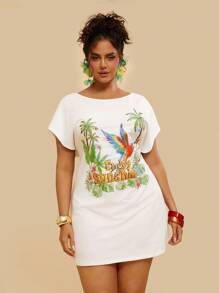 Travachic Tropischer Muster Große Größen Lässig Urlaub Strand lose Off-Shoulder Papagei Palme Gestricktes T-Shirt Kleid, Frauen Große Größen