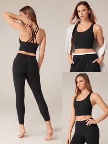 GLOWMODE FeatherFit™ Longline Crossover Strap Sports Bra Light Support Yoga Studio Gym Daily Fall Winter - Black - View 8