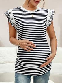 SHEIN Maternity Striped Round Neck Ruffled Sleeve Casual Versatile T-Shirt - Black and White - View 3