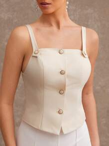 L'Amorae 夏季女士，女士，米色单排扣休闲修身吊带背心，大理石纹和金色纽扣，女式上衣，女式吊带背心，夏季上衣，短款上衣，老款，办公室女性，日常 - 杏色 - 查看 3