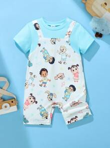 SHEIN Baby Boys/Girls Cute Cartoon Print Short Sleeve Romper,White Summer Casual Family Matching Soft Knitted Newborn-18M Outfit For Outdoor Home Vacation - Multicolor - View 1