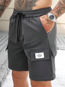 Manfinity Homme 男士多口袋休闲纯色时尚百搭工装短裤 - 深灰色 - 查看 3