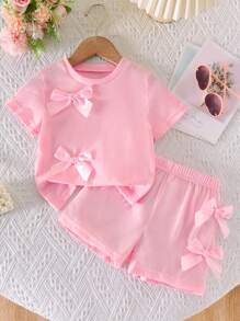 SHEIN 2pcs/Set Young Girl Casual Cute Daily Wear, Round Neck Short Sleeve Cropped T-Shirt With 3D Bow Decor And Elastic Waist Shorts - Pink - View 1