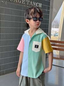 兒童男孩區塊色休閒短袖帽T