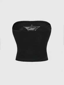 ROMWE Women's Sexy Gothic Lace Hollow Cross Embroidered Rhinestone Decor Camisole - Black - View 2