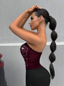 SHEIN SXY Plus Size Women Rhinestone Decor Bandeau Top, Minimalist Fashion, Suitable For Summer - Coffee Brown - View 5