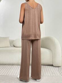 SHEIN 2 件套孕妇吊带背心和长裤，纯色简约时尚夏季 - 棕色 - 查看 2