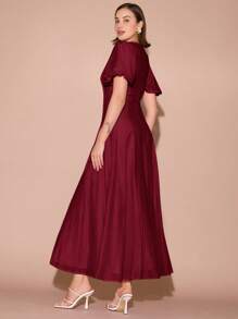 Enchnt Women's Solid Color Round Neck Short Petal Sleeve Pleated Design Elegant Dress - Burgundy - View 8