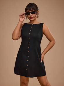 SHEIN Forever 21 大码夏季新款圆领无袖休闲黑色办公室女士修身迷你连衣裙 - 黑色 - 查看 4