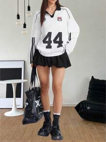 SHEIN EZwear 女士春夏街头装运动休闲数字图案条纹纹理装饰 V 领 T 恤，圣帕特里克节