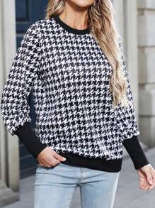 Houndstooth Patchwork Long Sleeve Casual Top, Autumn/Spring Fall Cloth For Women - Black - View 5