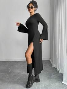 Women Long Sleeve Solid Color Dress, Minimalist Style Suitable For Summer Fall Cloth For Women - Black - View 3